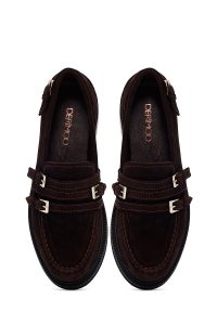 کفش لوفر زنانه جیر قهوه‌ای سگک‌دار دری مد