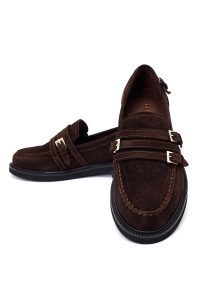 کفش لوفر زنانه جیر قهوه‌ای سگک‌دار دری مد