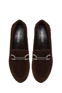 کفش لوفر زنانه جیر قهوه‌ای سگک‌دار لژدار راحتی دری مد