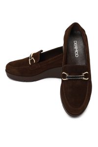 کفش لوفر زنانه جیر قهوه‌ای سگک‌دار لژدار راحتی دری مد