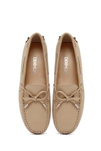 کفش لوفر زنانه چرم بژ پاپیونی دری مد