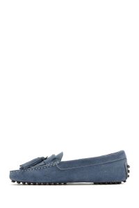 کفش لوفر زنانه چرم جیر آبی با پاپیون دری مد