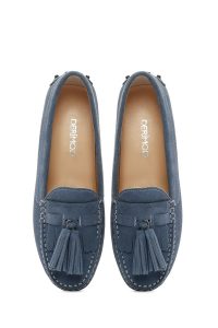 کفش لوفر زنانه چرم جیر آبی با پاپیون دری مد