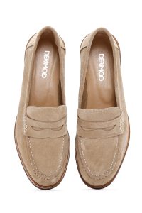 کفش لوفر زنانه چرم جیر بژ با استایل مردانه دری مد