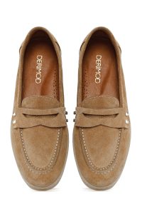 کفش لوفر زنانه چرم جیر بژ با نگین دری مد