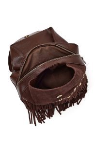 کوله پشتی قهوه‌ای با پوم پوم و ترکیب سوئت چرمی دری مد