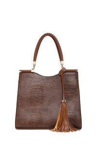 کیف زنانه قهوه‌ای بلند طرح‌دار دری مد