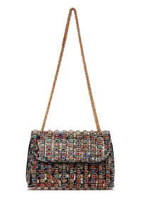 کیف زنانه چند رنگ بلند بند زنجیری سنگ‌دار مجلسی دری مد