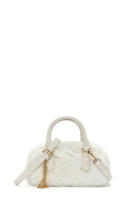 کیف زنانه کرم بلند مینی با جزئیات اکسسوری پشمی دری مد