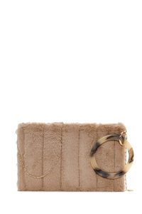 کیف مجلسی زنانه بژ دستی پشمی با بند زنجیری دری مد