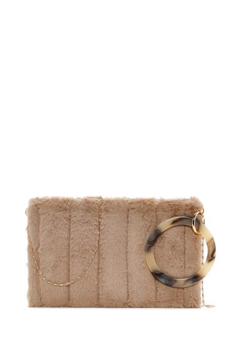 کیف مجلسی زنانه بژ دستی پشمی با بند زنجیری دری مد