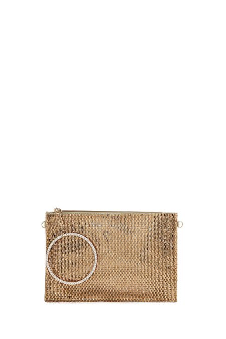 کیف مجلسی زنانه طلایی بند بلند زنجیری نگین‌دار دری مد