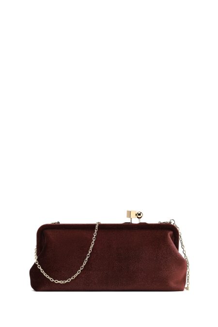 کیف مجلسی زنانه قهوه‌ای دستی مخملی با بند بلند دری مد