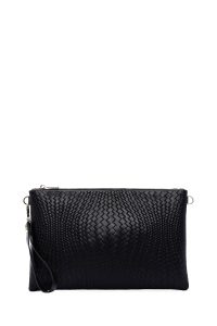 کیف مجلسی زنانه مشکی بافت‌دار با بند زنجیری دری مد