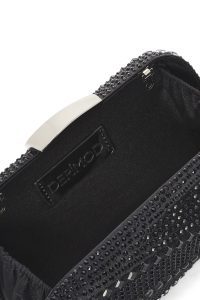 کیف مجلسی زنانه مشکی بند بلند زنجیری مینی جعبه‌ای نگین‌دار دری مد