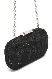 کیف مجلسی زنانه مشکی بند بلند زنجیری مینی جعبه‌ای نگین‌دار دری مد