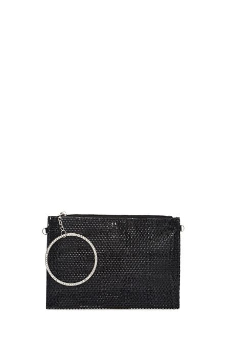 کیف مجلسی زنانه مشکی بند بلند زنجیری نگین‌دار دری مد