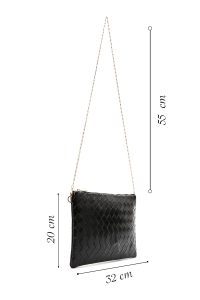 کیف مجلسی زنانه مشکی دستی طرح‌دار با بند زنجیری بلند دری مد