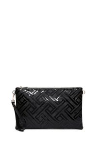 کیف مجلسی زنانه مشکی دستی ورنی طرح‌دار با بند زنجیری دری مد