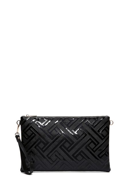 کیف مجلسی زنانه مشکی دستی ورنی طرح‌دار با بند زنجیری دری مد