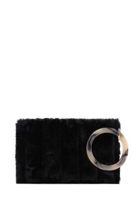 کیف مجلسی زنانه مشکی دستی پشمی با بند زنجیری دری مد