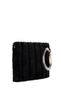 کیف مجلسی زنانه مشکی دستی پشمی با بند زنجیری دری مد