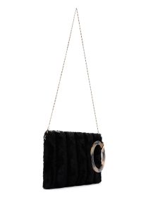 کیف مجلسی زنانه مشکی دستی پشمی با بند زنجیری دری مد