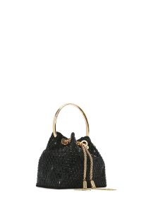 کیف مجلسی زنانه مشکی مینی مجلسی سنگ‌دوزی‌شده با بند زنجیری بلند دری مد