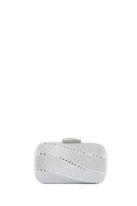 کیف مجلسی زنانه نقره‌ای بند بلند زنجیری مینی جعبه‌ای نگین‌دار دری مد