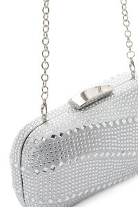 کیف مجلسی زنانه نقره‌ای بند بلند زنجیری مینی جعبه‌ای نگین‌دار دری مد