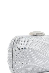 کیف مجلسی زنانه نقره‌ای بند بلند زنجیری مینی جعبه‌ای نگین‌دار دری مد