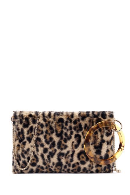 کیف مجلسی زنانه پلنگی دستی پشمی با بند زنجیری دری مد