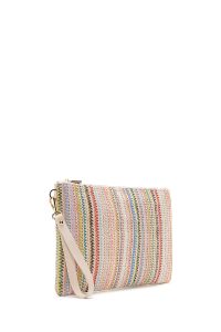 کیف مجلسی زنانه چندرنگ دستی حصیری با بند زنجیری بلند دری مد