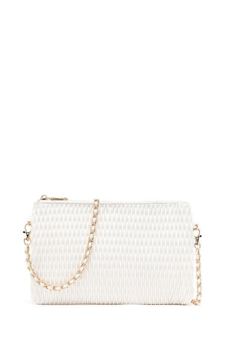 کیف مجلسی زنانه کرم طرح‌دار با بند زنجیری بلند دری مد