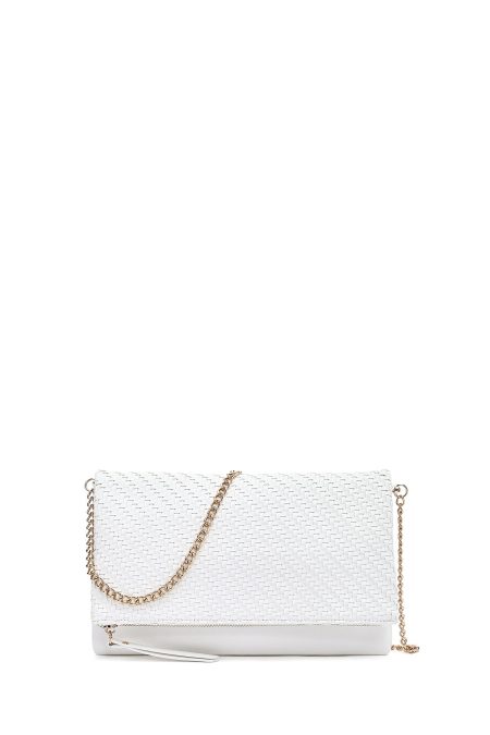 کیف کلاچ زنانه سفید بند بلند زنجیری بافتی دری مد