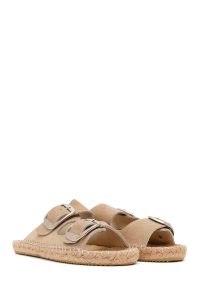 Kadın Bej Tokalı Süet Deri Espadril Terlik