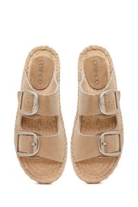 Kadın Bej Tokalı Süet Deri Espadril Terlik