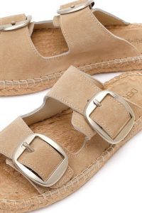 Kadın Bej Tokalı Süet Deri Espadril Terlik