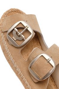 Kadın Bej Tokalı Süet Deri Espadril Terlik