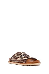 Kadın Kahverengi Çift Tokalı Hasır Deri Terlik