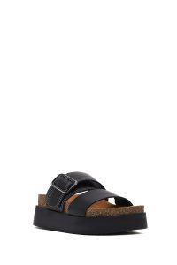 Kadın Siyah Tokalı Kalın Tabanlı Deri Terlik