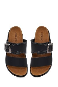 Kadın Siyah Tokalı Kalın Tabanlı Deri Terlik