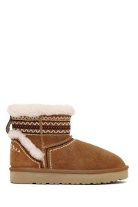 بوت تدی جیر زنانه قهوه‌ای طرح‌دار خزدار دری‌مد