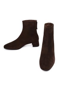 بوت زنانه جیر قهوه‌ای کوتاه زیپ‌دار پاشنه‌بلند ضخیم دری مد