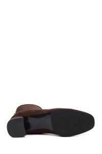 بوت زنانه جیر قهوه‌ای کوتاه زیپ‌دار پاشنه‌بلند ضخیم دری مد