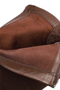 بوت زنانه جیر قهوه‌ای کوتاه زیپ‌دار پاشنه‌بلند ضخیم دری مد