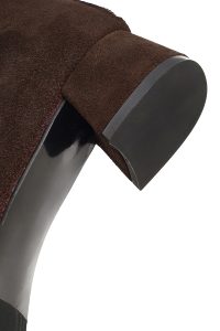 بوت زنانه جیر قهوه‌ای کوتاه زیپ‌دار پاشنه‌بلند ضخیم دری مد