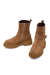 بوت زنانه چرم جیر قهوه‌ای زیپ‌دار زیره‌ضخیم دری مد