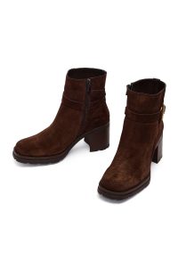 بوت زنانه چرم جیر قهوه‌ای پاشنه‌بلند ضخیم زیپ‌دار دری مد