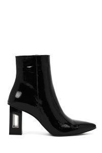 بوت زنانه چرم ورنی مشکی زیپ‌دار پاشنه‌بلند ضخیم دری مد